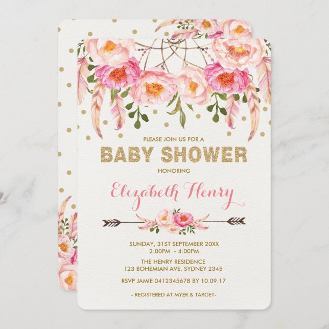 Girl Baby Shower Invite Pink Gold Boho Flowers (Front/Back)