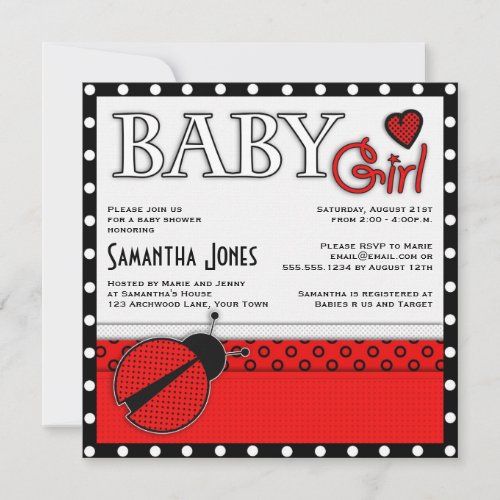 Girl Baby Shower Invite Red Ladybug
