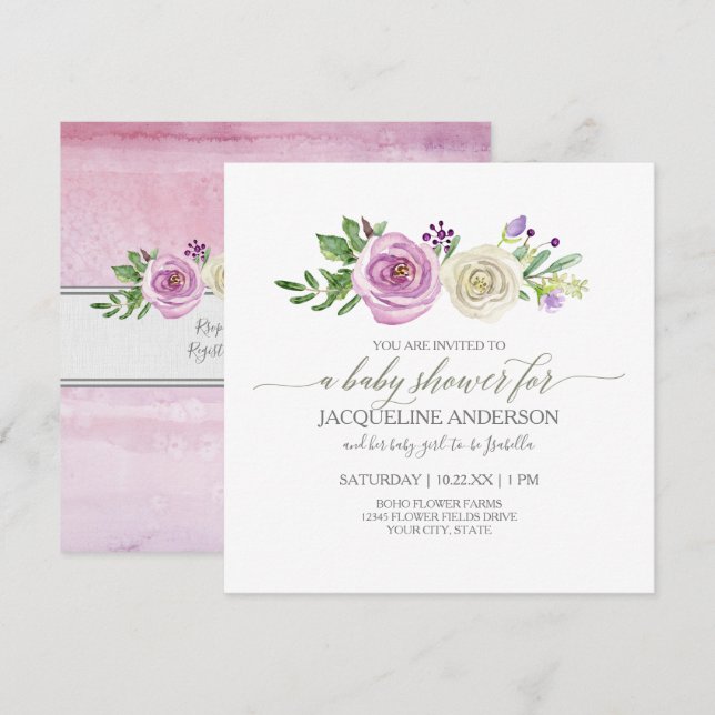 Girl Baby Shower Lilac n White Roses Leaf Foliage Invitation (Front/Back)