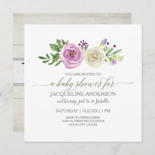 Girl Baby Shower Lilac n White Roses Rustic Wood Invitation