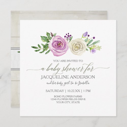 Girl Baby Shower Lilac n White Roses Rustic Wood Invitation
