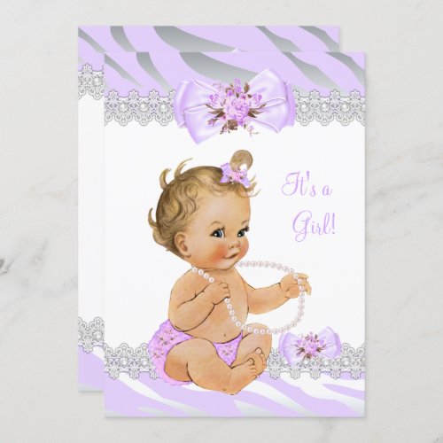 Girl Baby Shower Lilac Zebra Lace Blonde Invitation