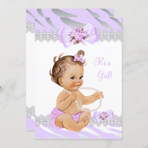 Girl Baby Shower Lilac Zebra Lace Light Brunette Invitation