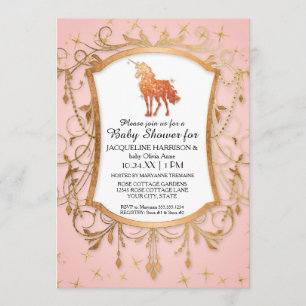 Girl Baby Shower Magical Unicorn Rose Gold Sparkle Invitation