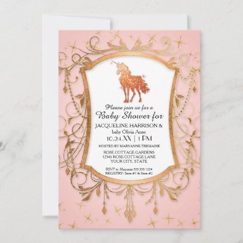 Girl Baby Shower Magical Unicorn Rose Gold Sparkle Invitation