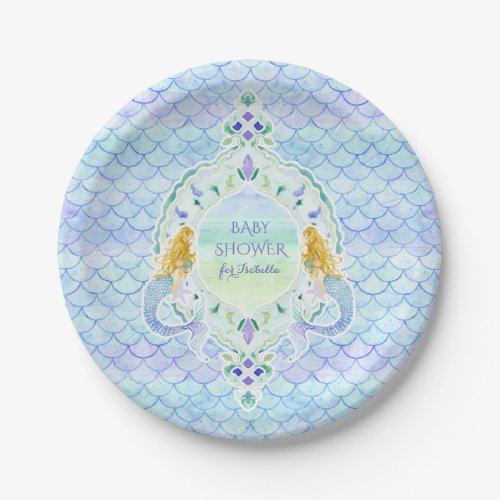 Girl Baby Shower Mermaid Fish Scale Pattern Paper Plates