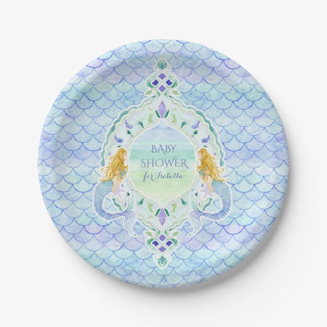 Girl Baby Shower Mermaid Fish Scale Pattern Paper Plates (Front)
