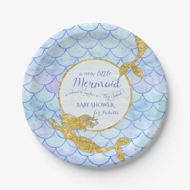 Girl Baby Shower Mermaids Gold Glitter Fish Scale Paper Plates (Front)