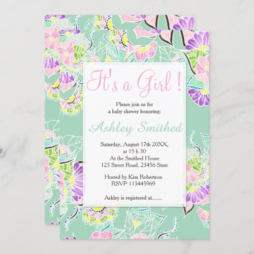 Girl Baby Shower mint pink floral watercolor Invitation