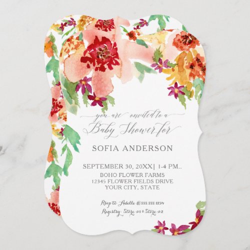 Girl Baby Shower Modern Watercolor Fall Floral Invitation