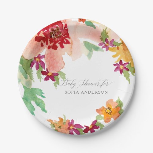 Girl Baby Shower Modern Watercolor Fall Flowers Paper Plates
