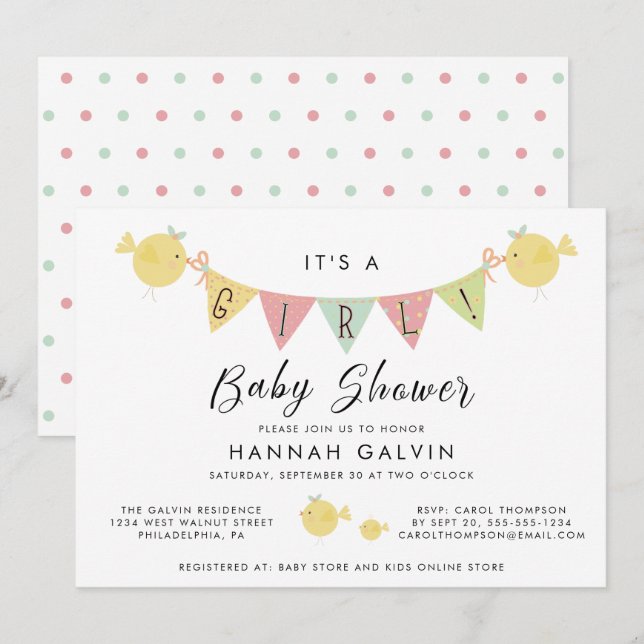 Girl Baby Shower | Mommy Bird with Chick Invitation (Front/Back)