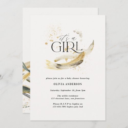 Girl Baby shower natural gold abstract watercolor  Invitation