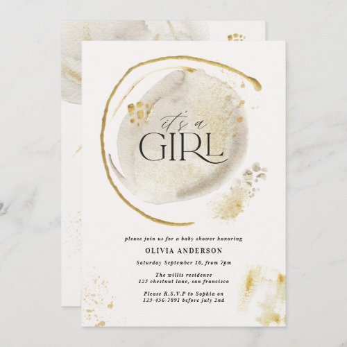 Girl Baby shower natural gold abstract watercolor Invitation