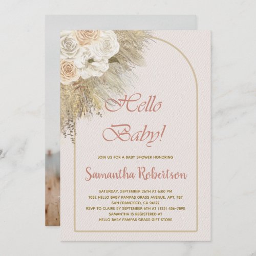  Girl Baby Shower Pampas Grass Boho Floral Photo Invitation