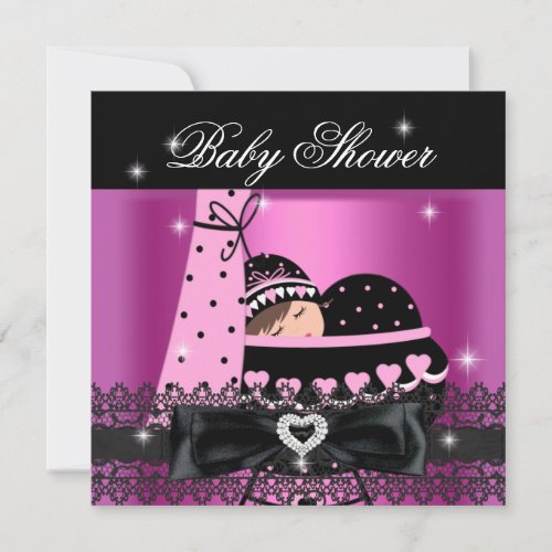 Girl Baby Shower Party Pink Black Lace Custom Invite