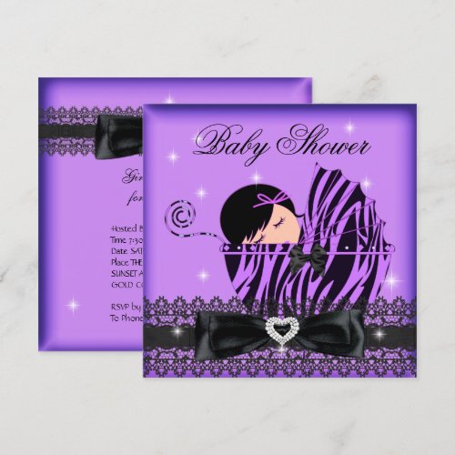 Girl Baby Shower Party Purple Black Lace Personalized Announcement