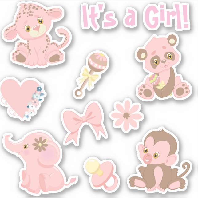 Girl Baby Shower Pink Animals Set Sticker (Front)