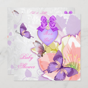 Girl Baby Shower Pink Butterfly Purple Floral 2 Invitation