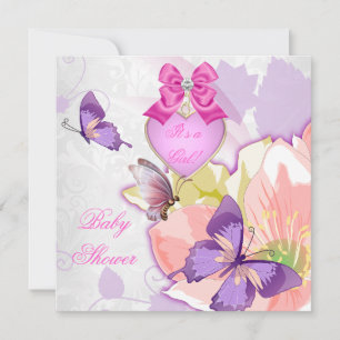 Girl Baby Shower Pink Butterfly Purple Floral Invitation