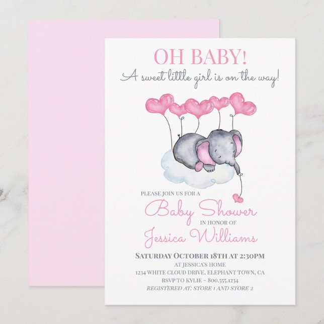 Girl Baby Shower Pink Elephant on Cloud Invitation (Front/Back)