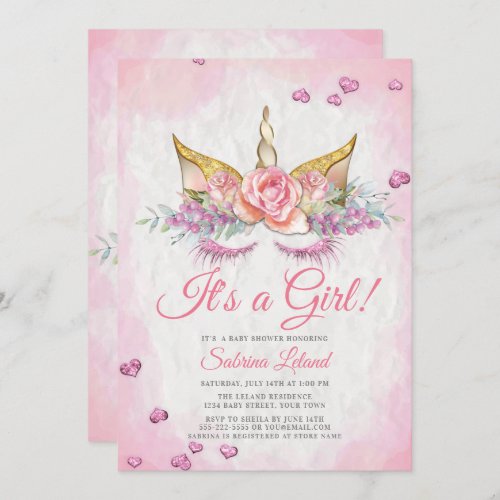 Girl Baby Shower Pink Fantasy Sleepy Unicorn Invitation