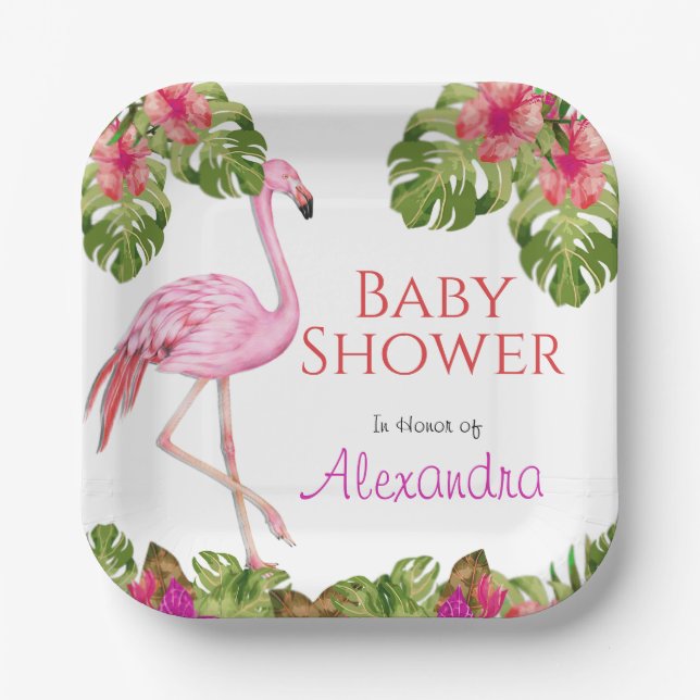 Girl Baby Shower Pink Flamingo Tropical Wildlife   Paper Plates (Front)