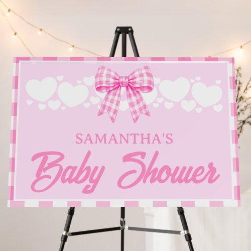 Girl Baby Shower Pink Gingham Bow Welcome Sign