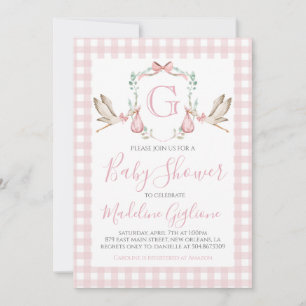 Girl Baby Shower Pink Gingham Stork Monogram Invitation