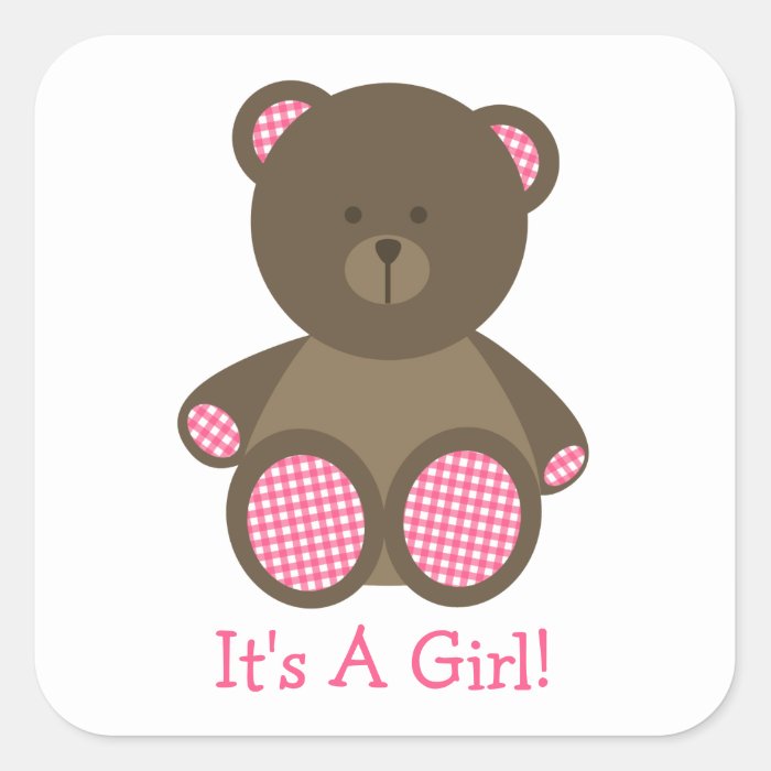 Girl Baby Shower Pink Gingham Stuffed Bear Square Stickers