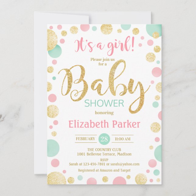 Girl Baby Shower - Pink Gold Mint Green Dots Invitation (Front)