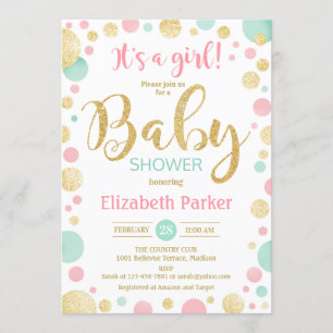 Girl Baby Shower - Pink Gold Mint Green Dots Invitation
