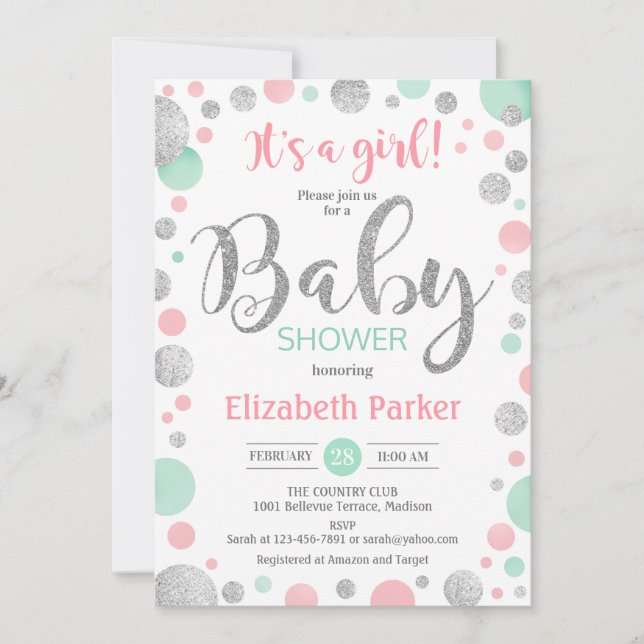 Girl Baby Shower - Pink Mint Silver Dots Invitation (Front)