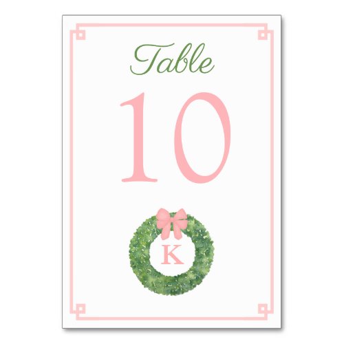 Girl Baby Shower Pink Monogram Boxwood Wreath Table Number