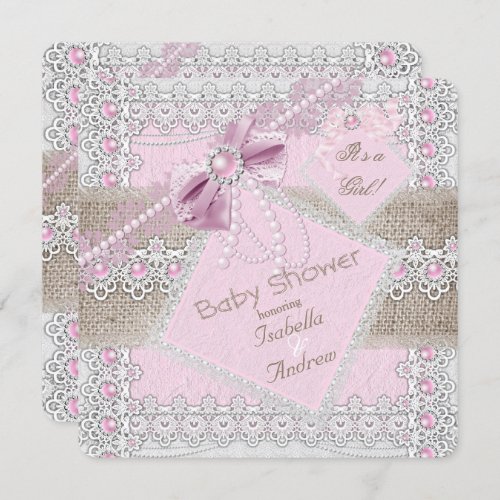 Girl Baby Shower Pink Pearl Bow Lace Burlap 2 Invitation