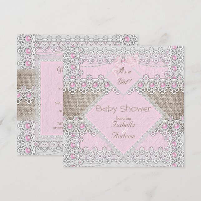 Girl Baby Shower Pink Pearl Bow Lace Burlap 3 Invitation (Front/Back)