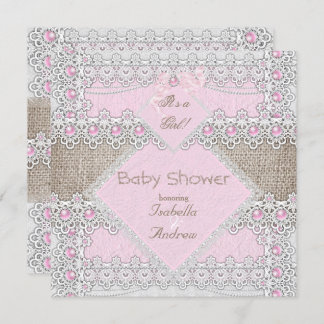 Girl Baby Shower Pink Pearl Bow Lace Burlap 3 Invitation