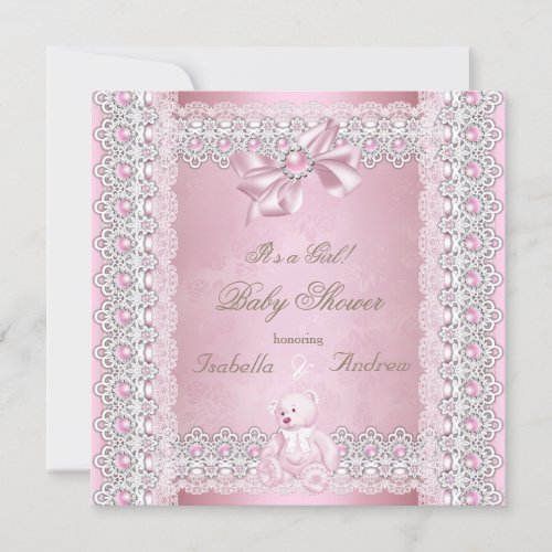 Girl Baby Shower Pink Pearl Bow Lace Damask Invitation