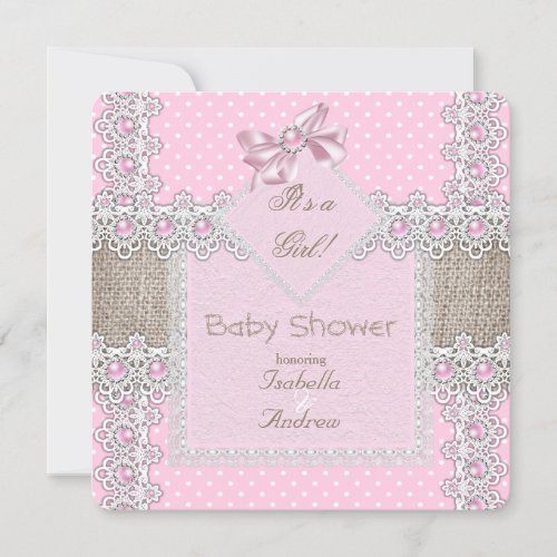 Girl Baby Shower Pink Pearl Bow Lace Polka Dots Invitation