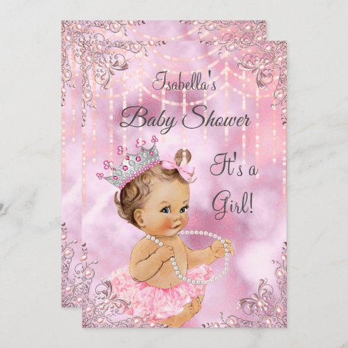 Girl Baby Shower Pink Pearl Brunette Invitation