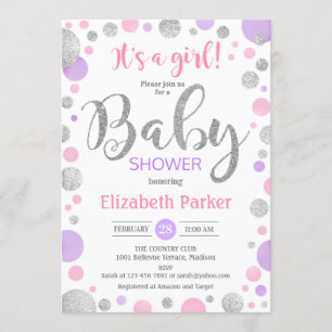 Girl Baby Shower - Pink Purple Silver Dots Invitation
