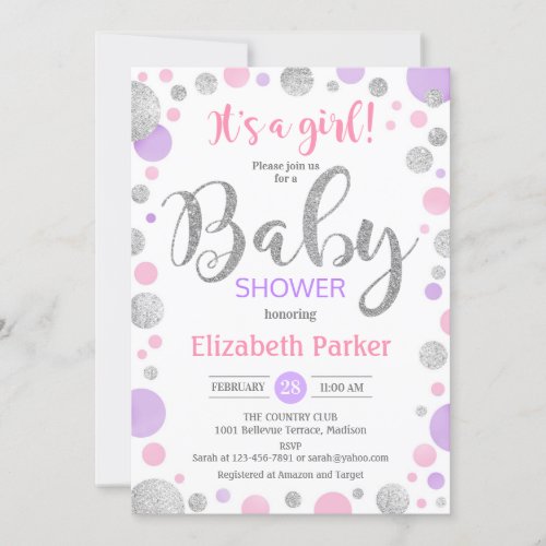 Girl Baby Shower _ Pink Purple Silver Dots Invitation