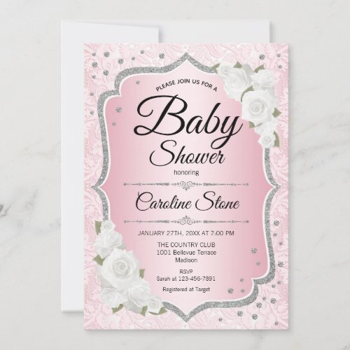 Girl Baby Shower _ Pink Silver White Invitation
