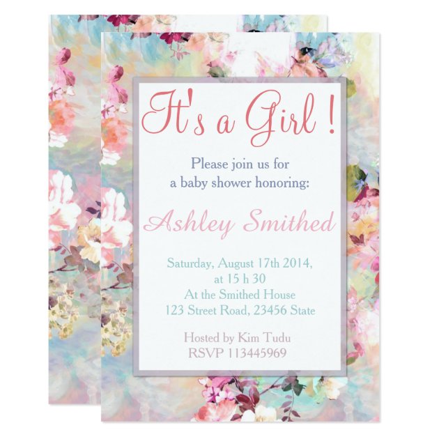 Girl Baby Shower Pink Teal Watercolor Chic Floral Invitation