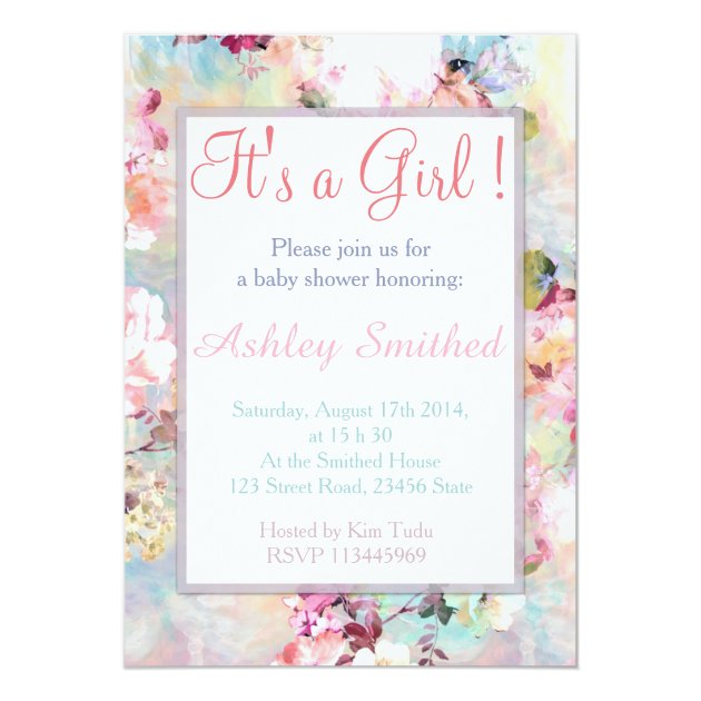 Girl Baby Shower Pink Teal Watercolor Chic Floral Invitation
