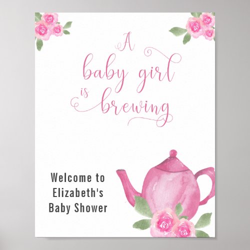 Girl Baby Shower Pink Teapot and Flowers Welcome Poster