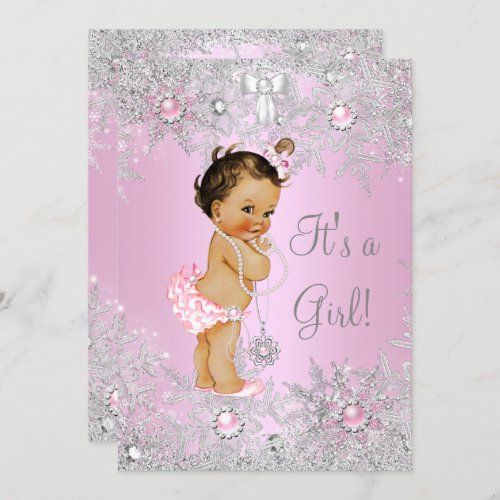 Girl Baby Shower Pink Winter WonderLand Brunette Invitation