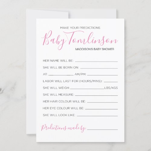 Girl Baby Shower Predictions Guess Game Card