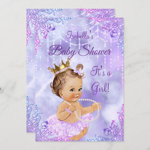 Girl Baby Shower Purple Lilac Pearl Brunette Invitation