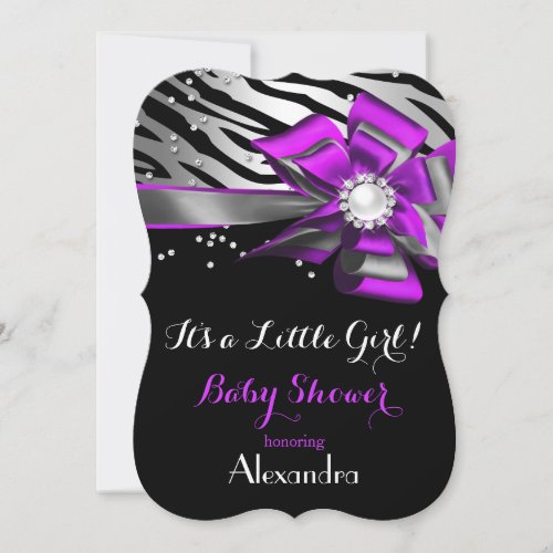 Girl Baby Shower Purple Pink Zebra Black Silver 2 Invitation